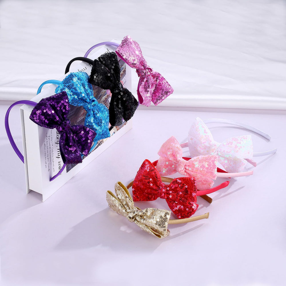 Kiszu Sparkly Sequin Hair Bow Headband black on doll demonstrates versatile styling