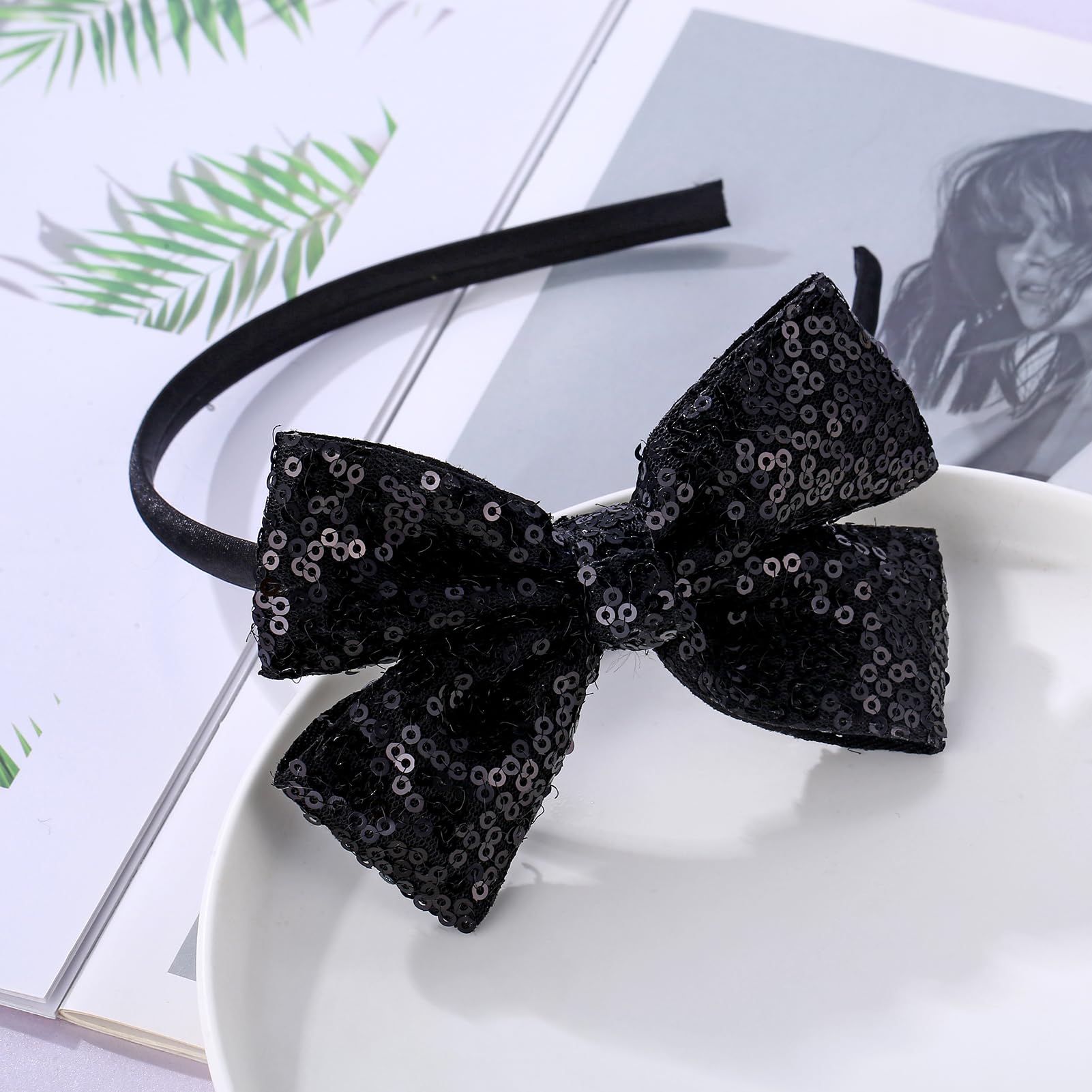 Kiszu Sparkly Sequin Hair Bow Headband black stretchable band for secure all-day wear
