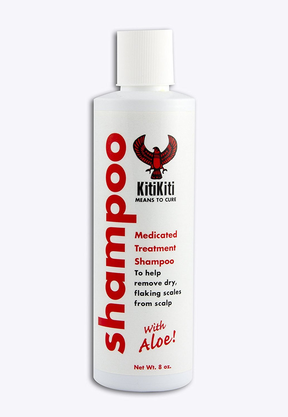 Kitikiti Shampoo Medicated Treatment with Aloe bottle shows soothing lather for dry scalp relief.