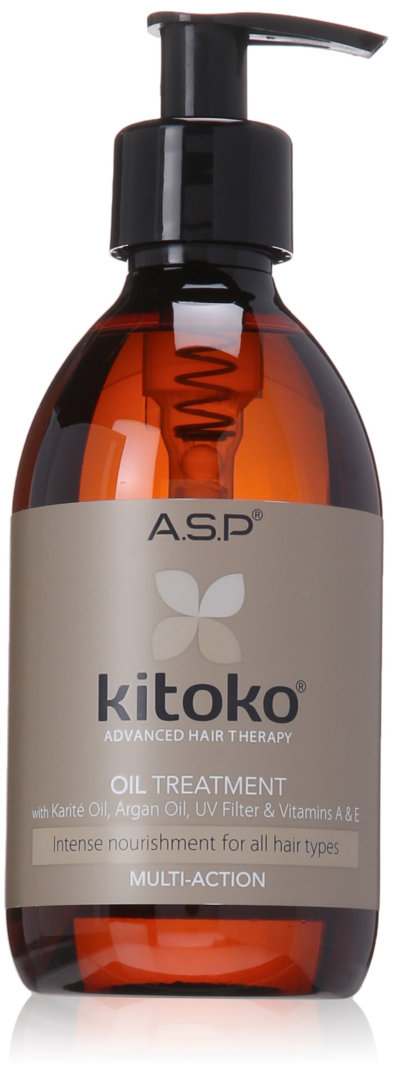 Kitoko Oil 9.8oz bottle close-up showing premium hair conditioning.
