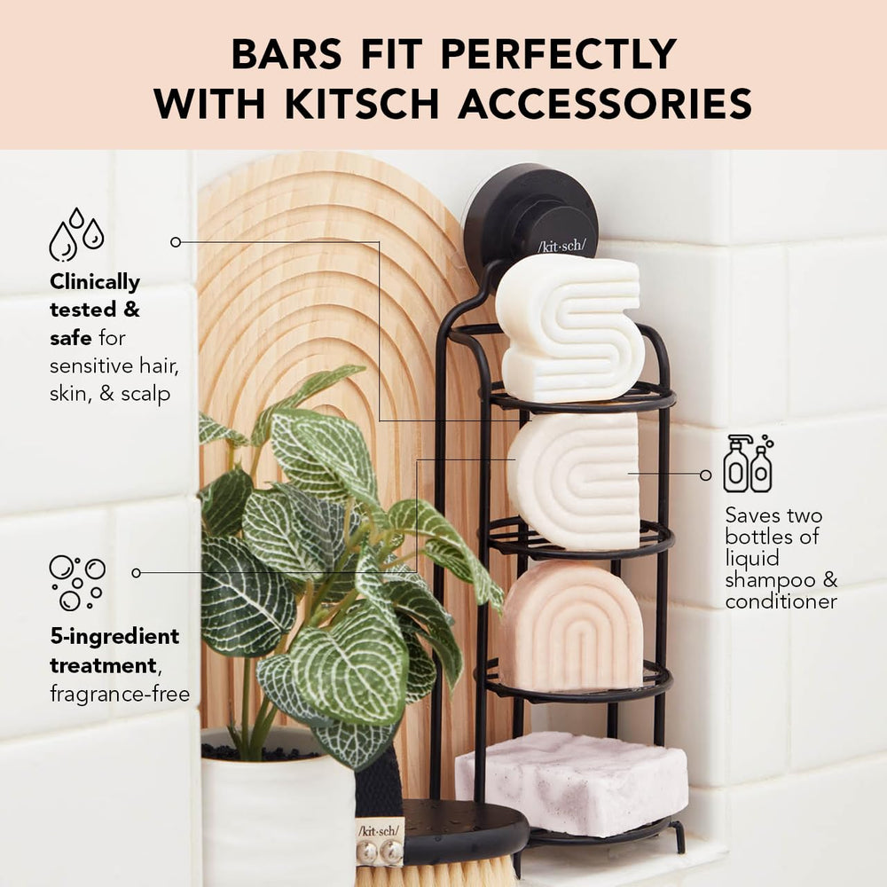 Kitsch 2-in-1 bar applied to hair and skin provides gentle cleansing.