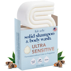 Kitsch 2-in-1 shampoo bar ultra-sensitive packaging shows fragrance-free cleansing in a compact kit.
