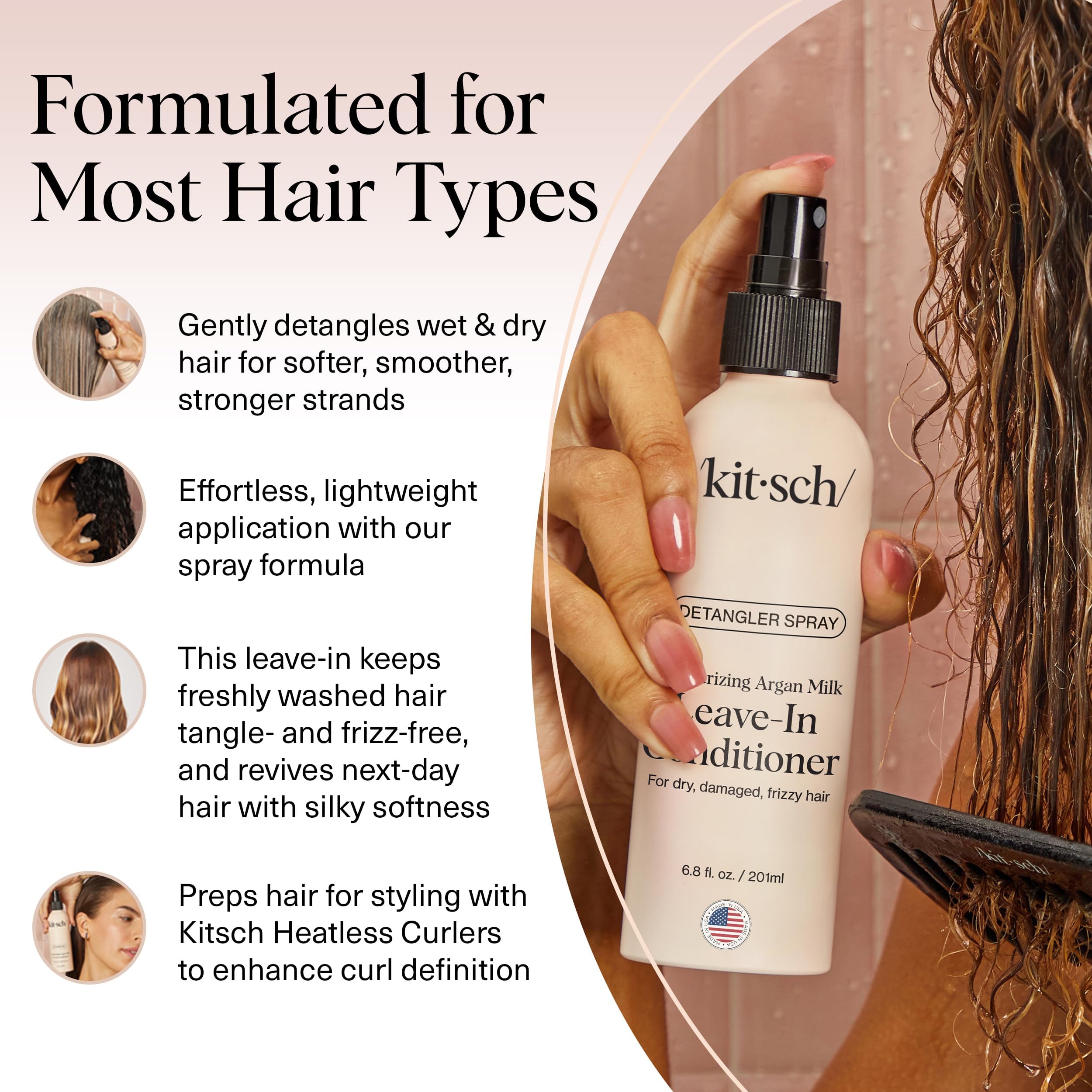 Kitsch Argan Milk Leave-In Spray shown with brush to reduce breakage.