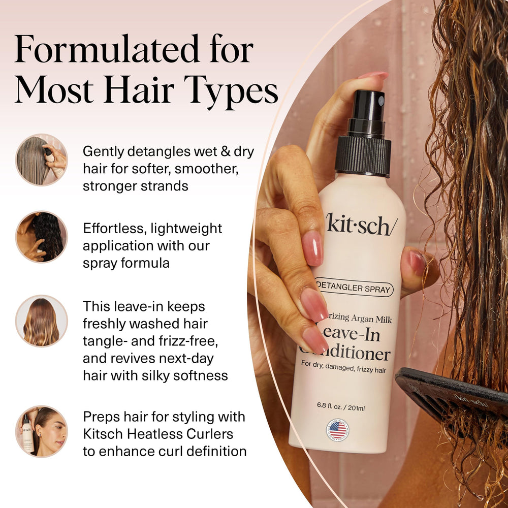 Kitsch Argan Milk Leave-In Spray shown with brush to reduce breakage.