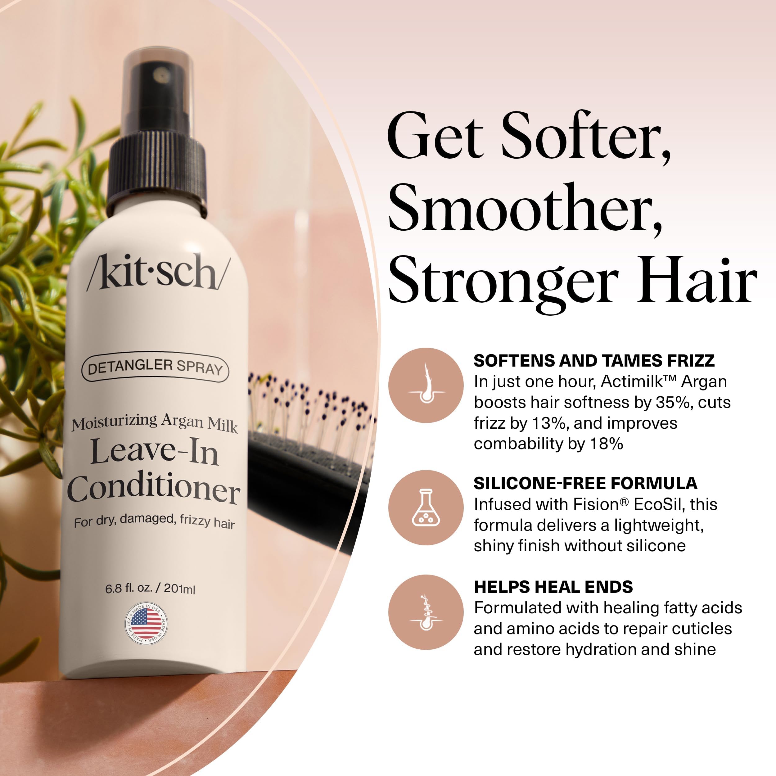 Kitsch Argan Milk Leave-In Spray applied on damp hair for detangling.