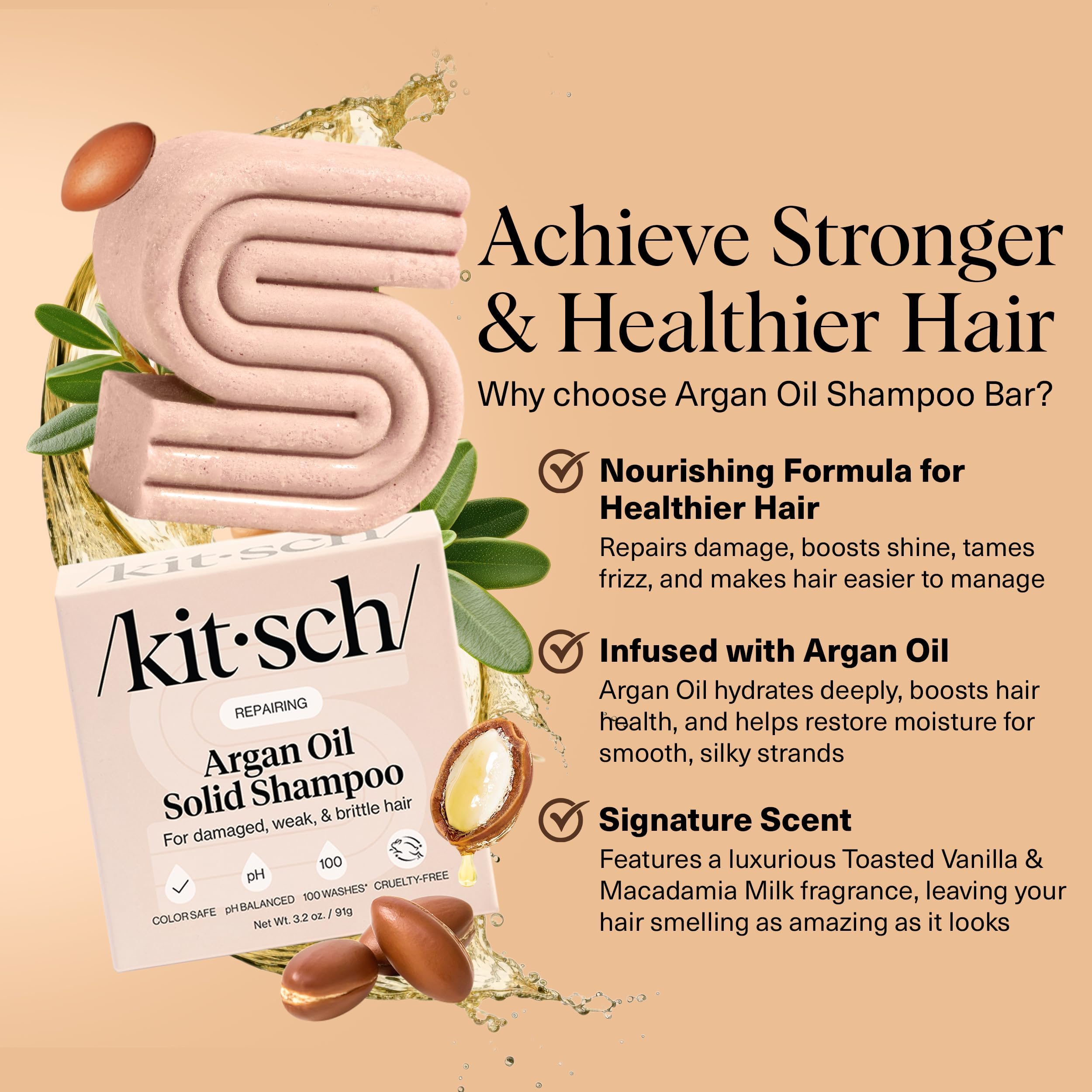 Kitsch Argan Oil Shampoo Bar on wet hair demonstrates gentle cleansing with lightweight hydration.
