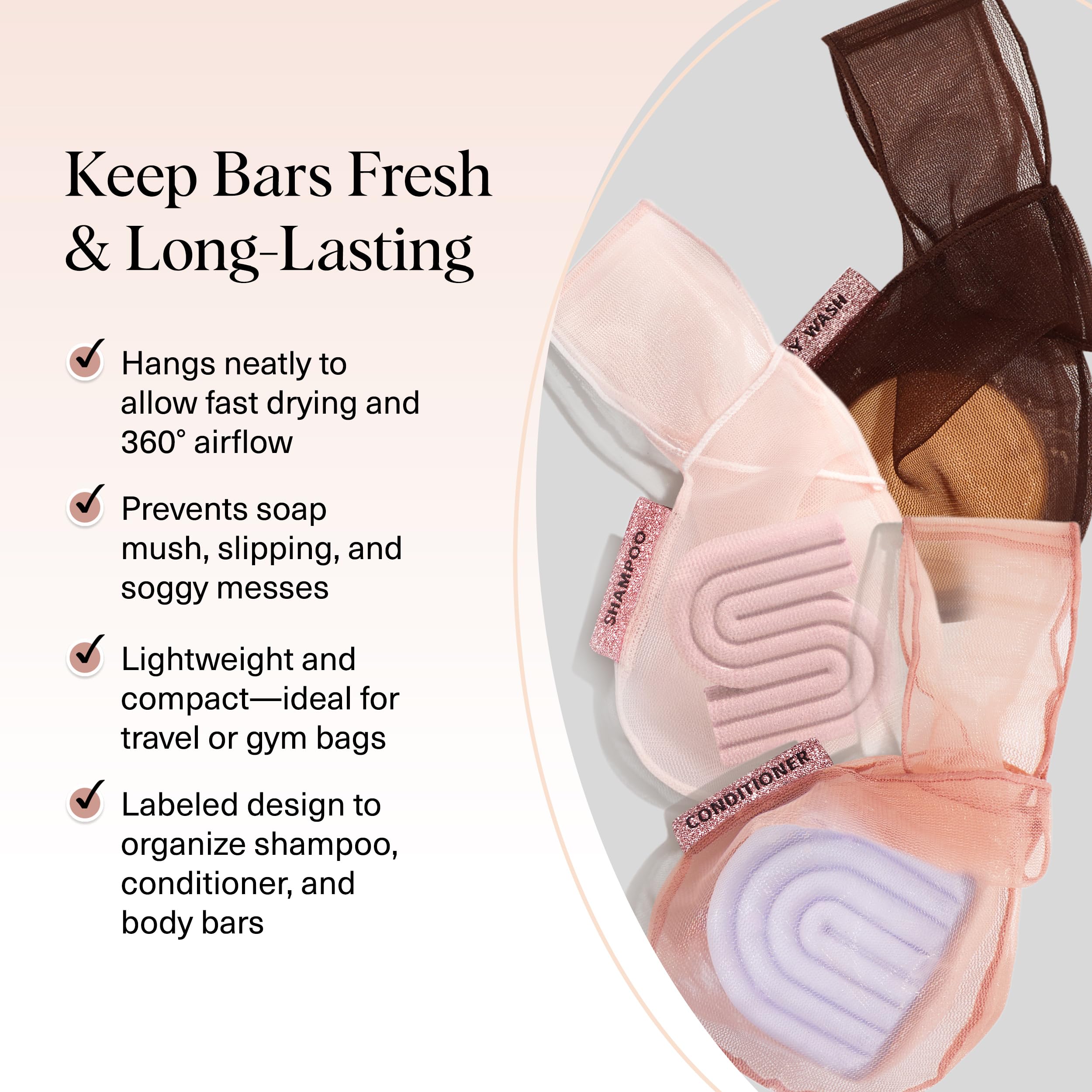 Kitsch Bar Soap Saver Bag highlights 360 degree airflow to help bars dry faster.