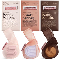 Kitsch Bar Soap Saver Bag with labeled pouches for body wash, shampoo, and conditioner organization.