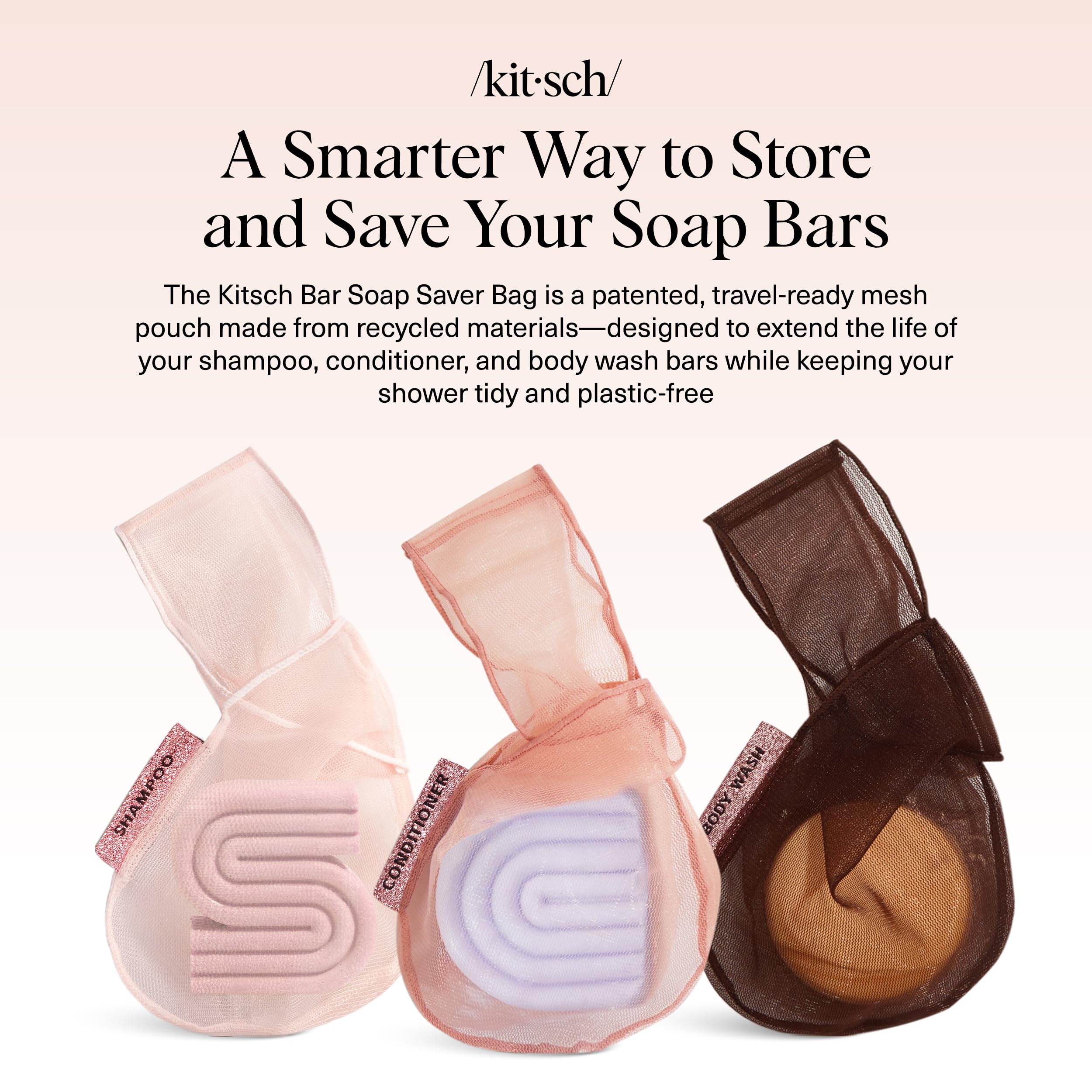 Kitsch Bar Soap Saver Bag hangs in the shower for tidy storage and quick access.