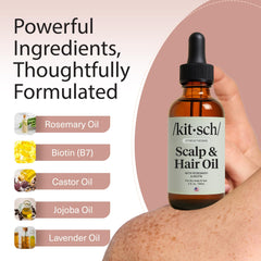 Kitsch biotin rosemary scalp care close-up emphasizes nourished roots and smoother strands