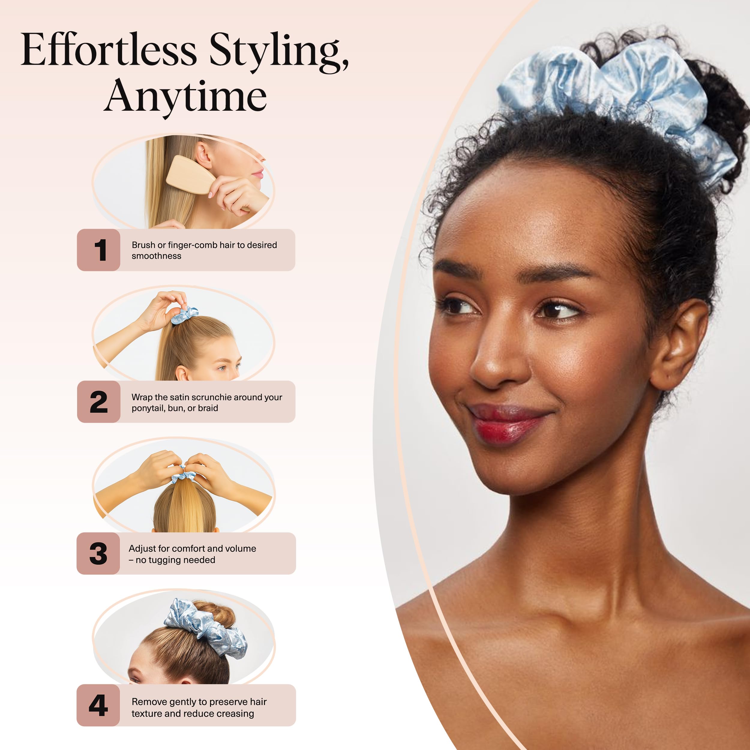 Kitsch Bridgerton satin scrunchies back view highlights soft fabric against hairline.