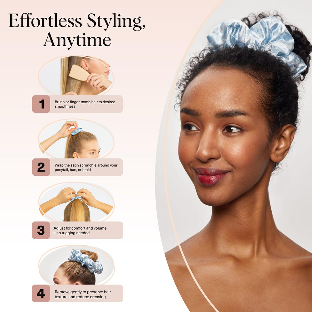 Kitsch Bridgerton satin scrunchies back view highlights soft fabric against hairline.