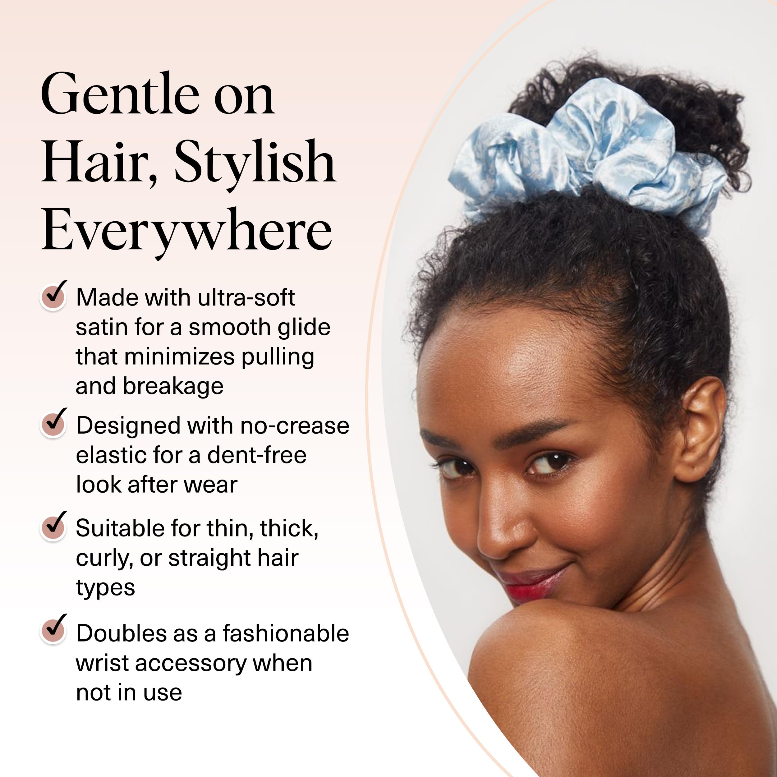 Kitsch Bridgerton satin scrunchies model wearing demonstrates secure hold for thick and fine hair.
