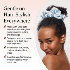 Kitsch Bridgerton satin scrunchies model wearing demonstrates secure hold for thick and fine hair.