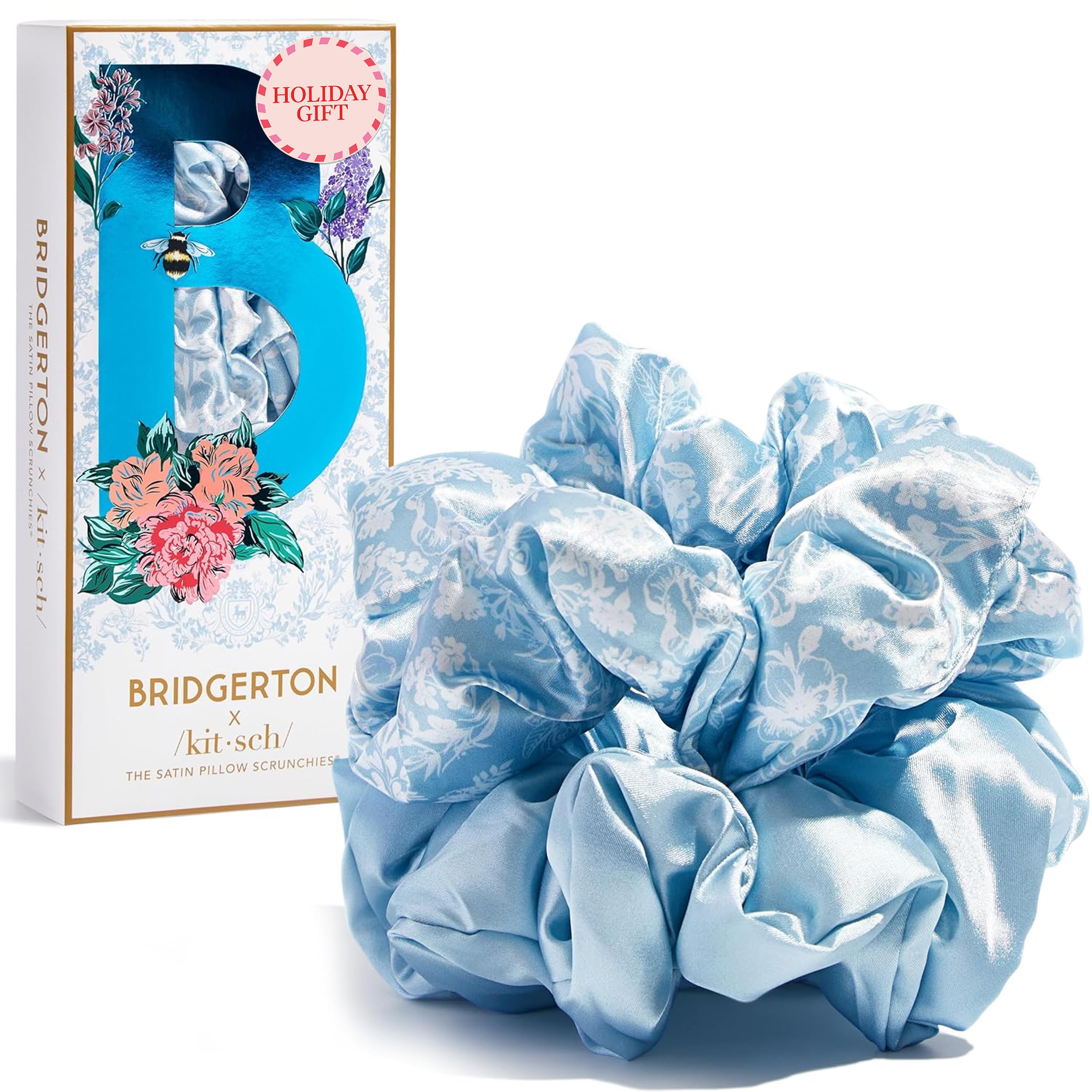 Kitsch Bridgerton satin scrunchies packshot highlighting gentle no-snag comfort for all-day wear.