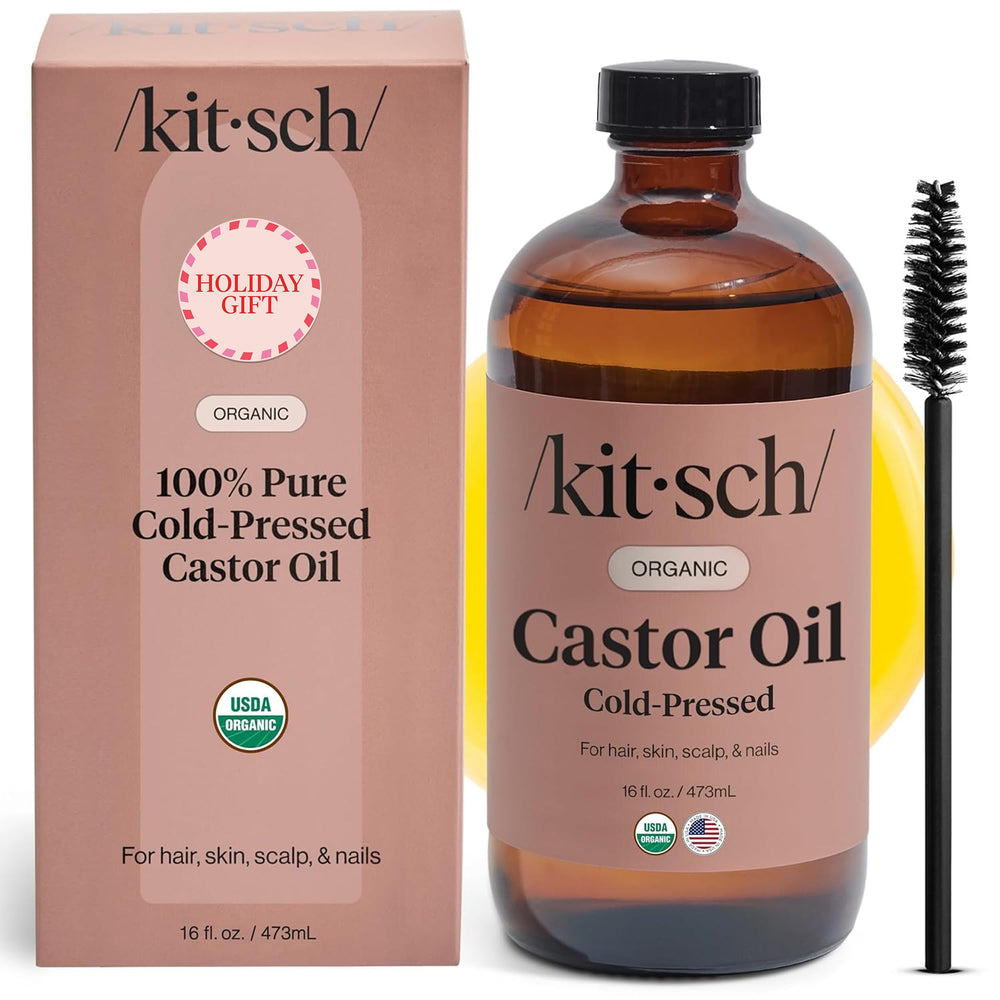 Kitsch Organic Castor Oil bottle on vanity for easy daily beauty routine.