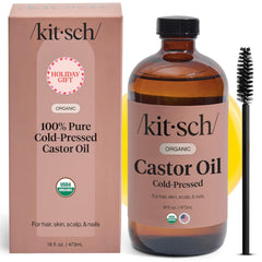 Kitsch Organic Castor Oil bottle on vanity for easy daily beauty routine.