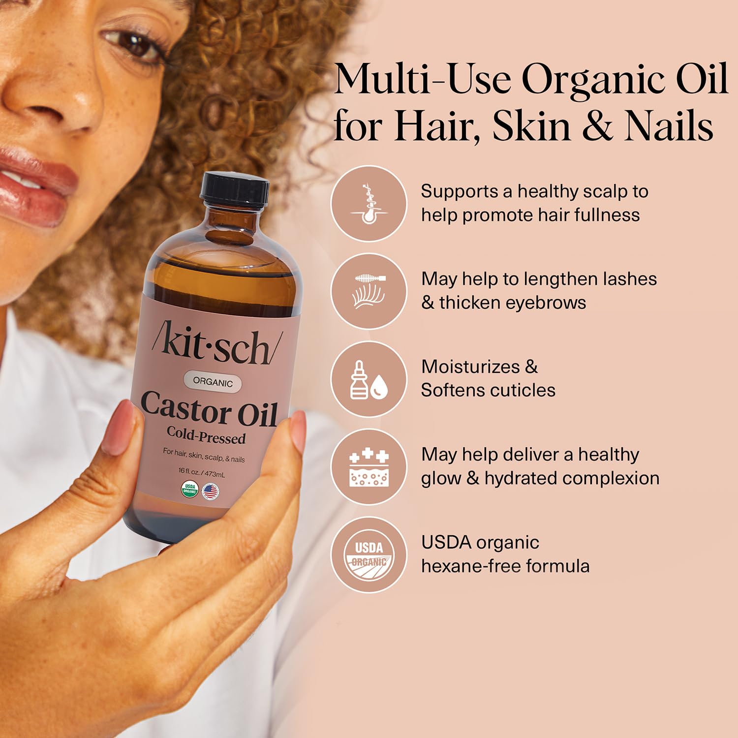Kitsch Castor Oil helps create fuller-looking brows and lashes.