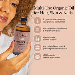 Kitsch Castor Oil helps create fuller-looking brows and lashes.