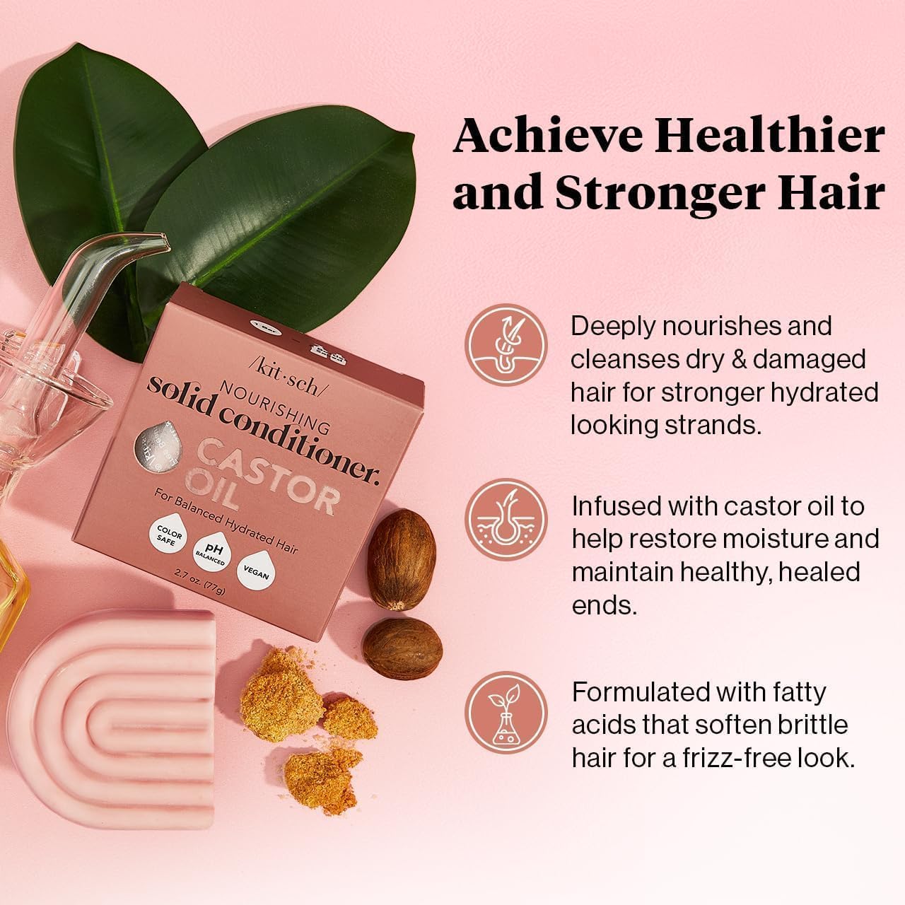 Kitsch Castor Oil Conditioner Bar packaging highlights vegan silicone-free formula for color-treated hair