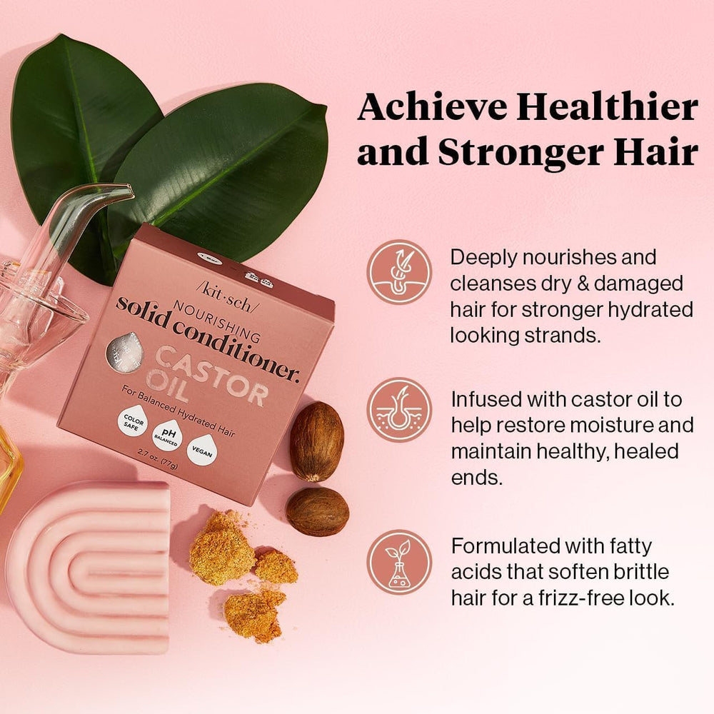 Kitsch Castor Oil Conditioner Bar packaging highlights vegan silicone-free formula for color-treated hair