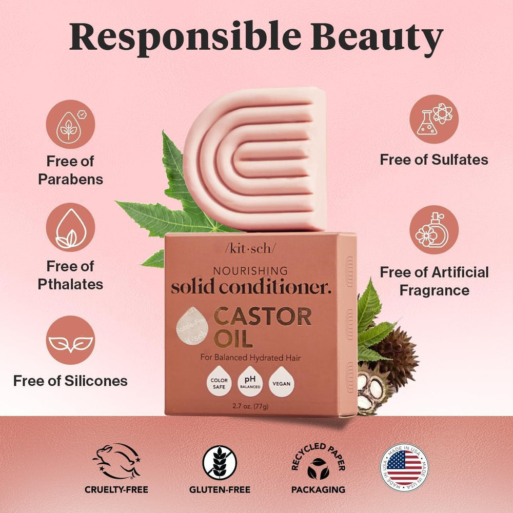 Kitsch Castor Oil Conditioner Bar label shows vegan and sulfate-free formula