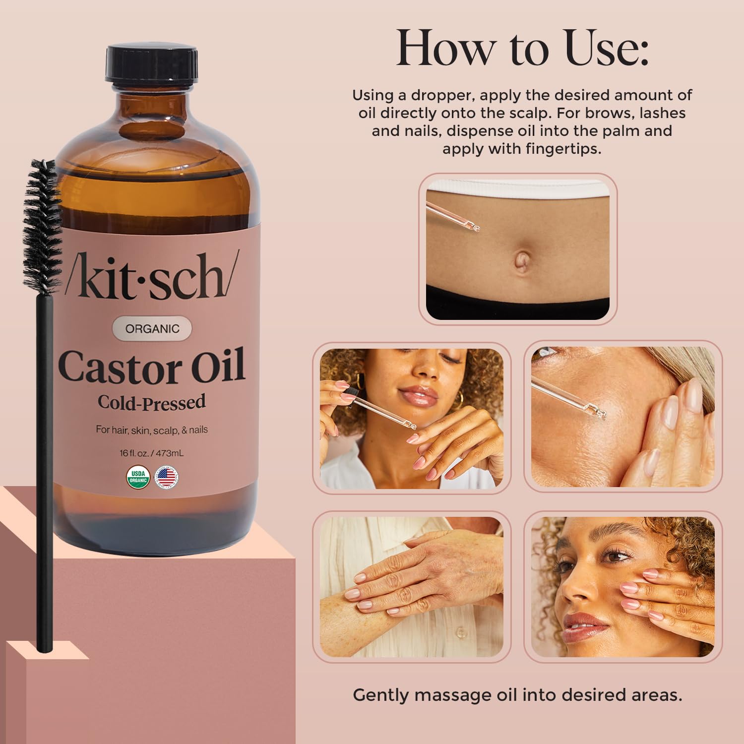 Kitsch Castor Oil in glass bottle preserves purity and potency.