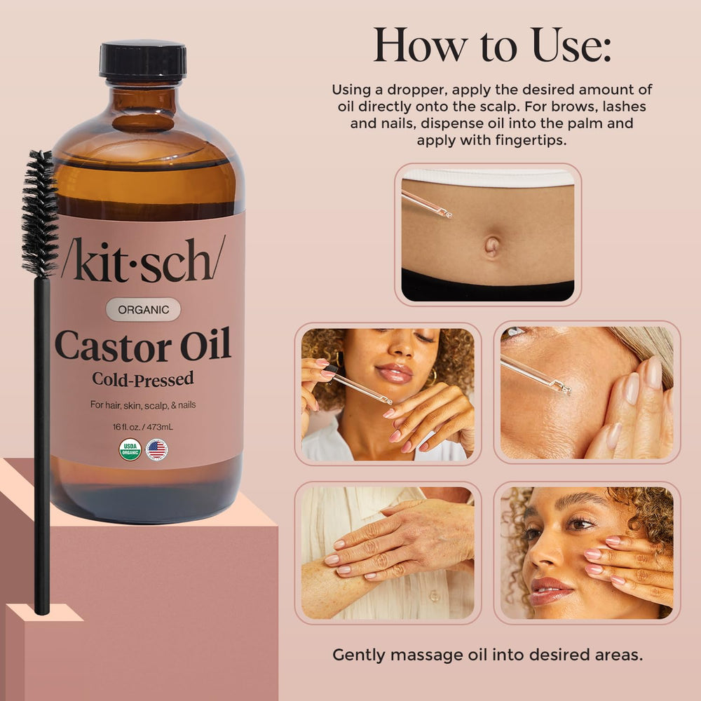 Kitsch Castor Oil in glass bottle preserves purity and potency.