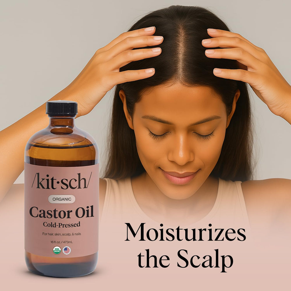 Kitsch Castor Oil hair treatment nourishes follicles for a fuller look.