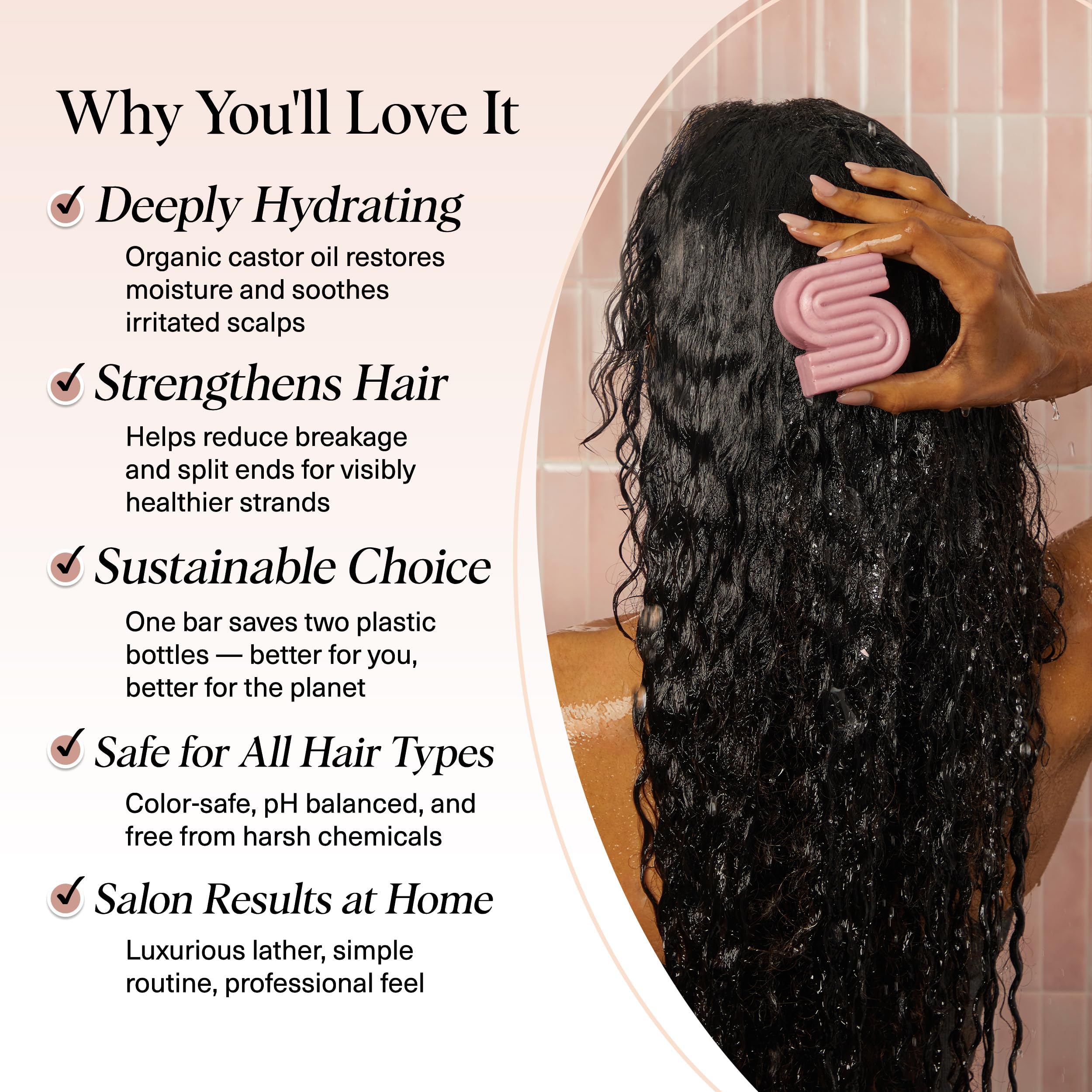 Kitsch Castor Oil Shampoo Bar on hair to show shine and smooth strands