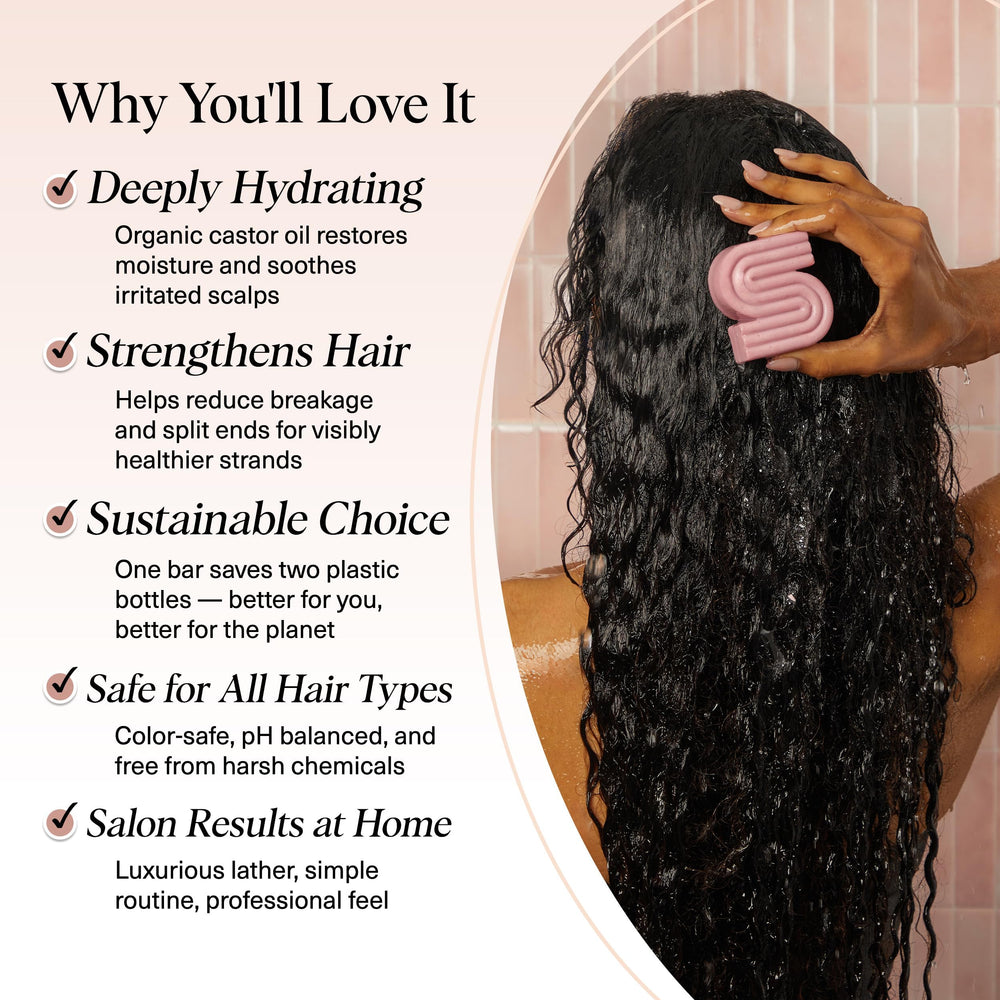 Kitsch Castor Oil Shampoo Bar on hair to show shine and smooth strands