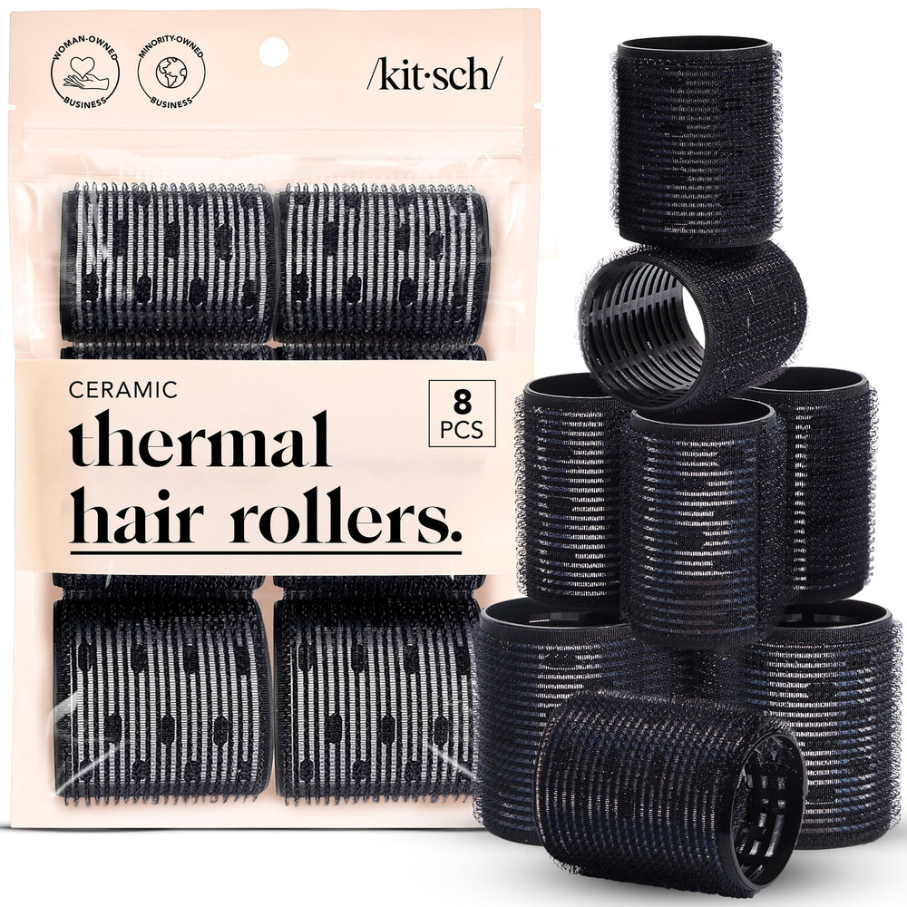 Kitsch Ceramic Thermal Hair Rollers packaging shows a sleek black set ready for travel and gifting