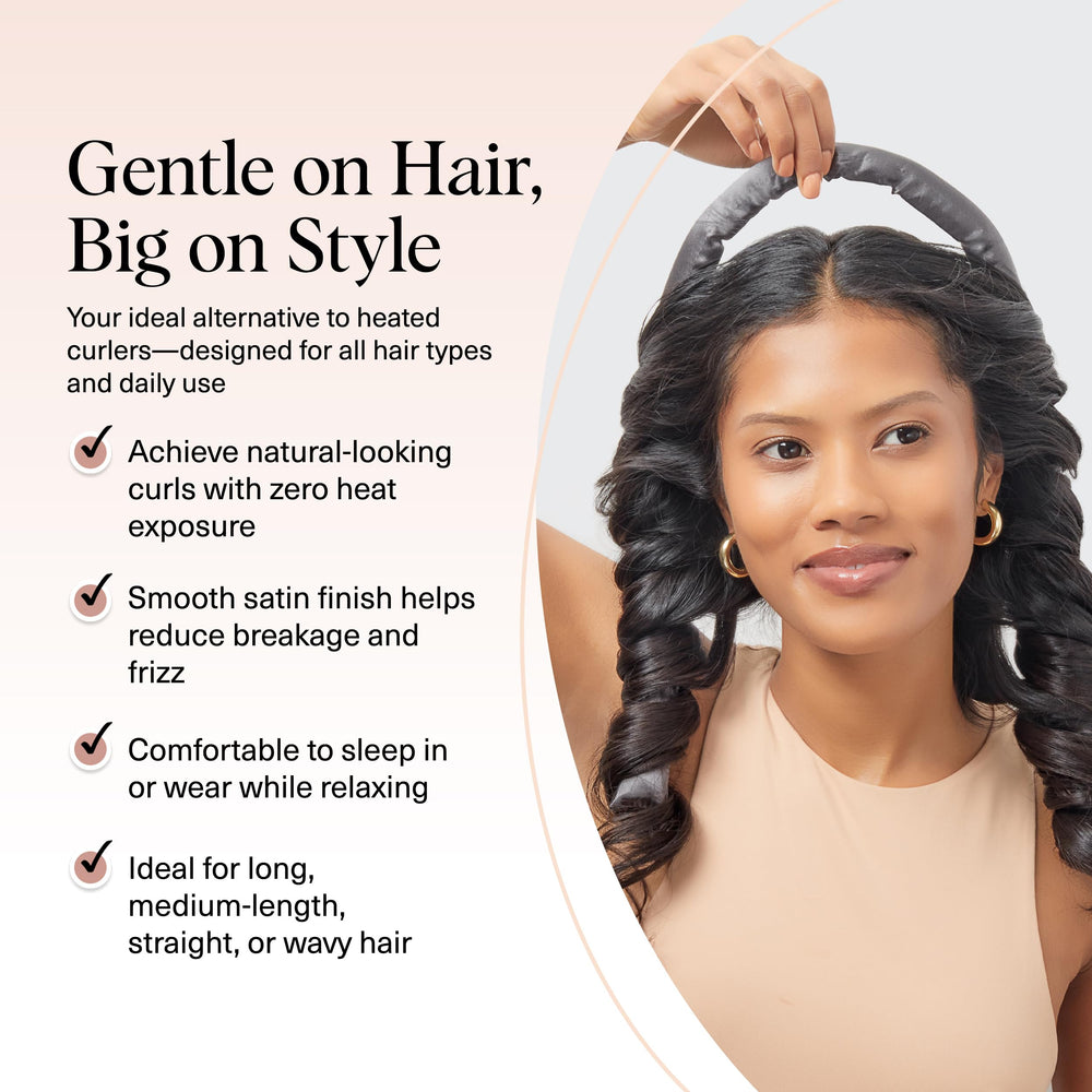 Kitsch charcoal satin scrunchies—gentle grip for secure overnight curl without snagging.