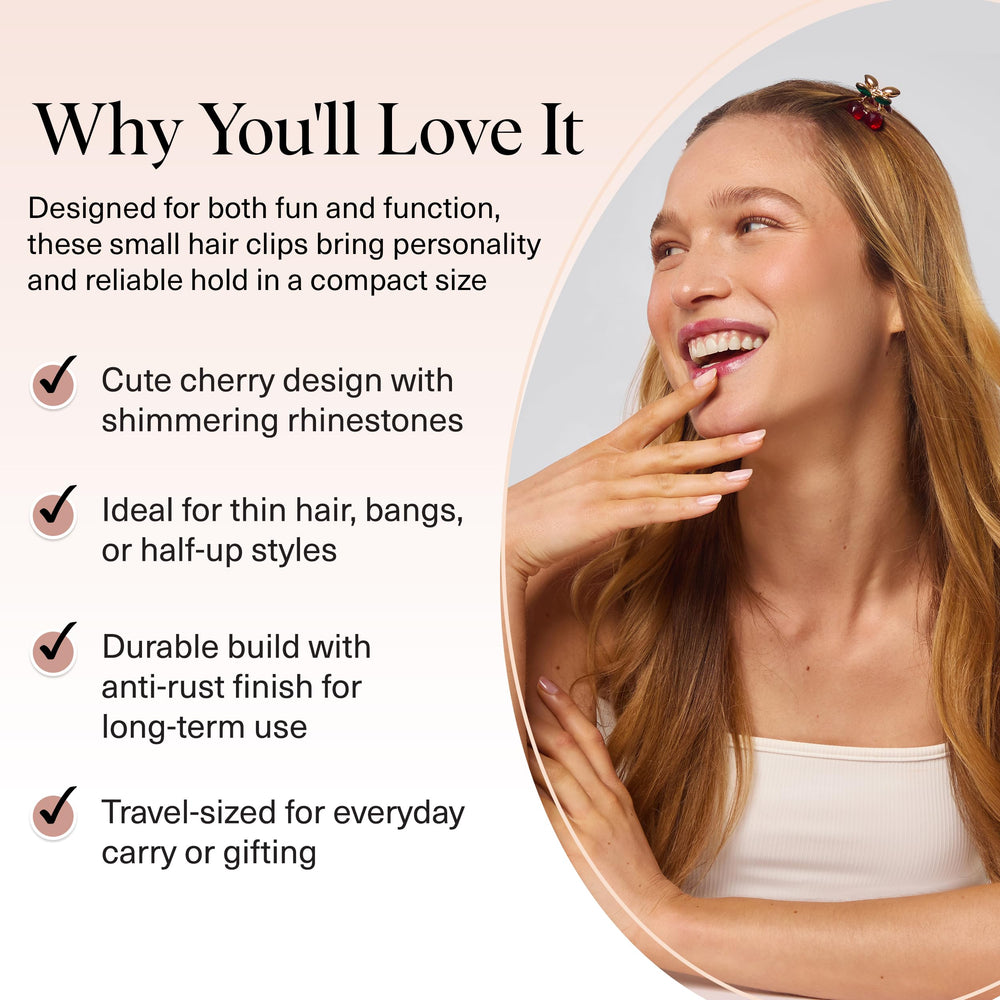 Kitsch cherry small hair clip anti-rust finish withstands daily wear.