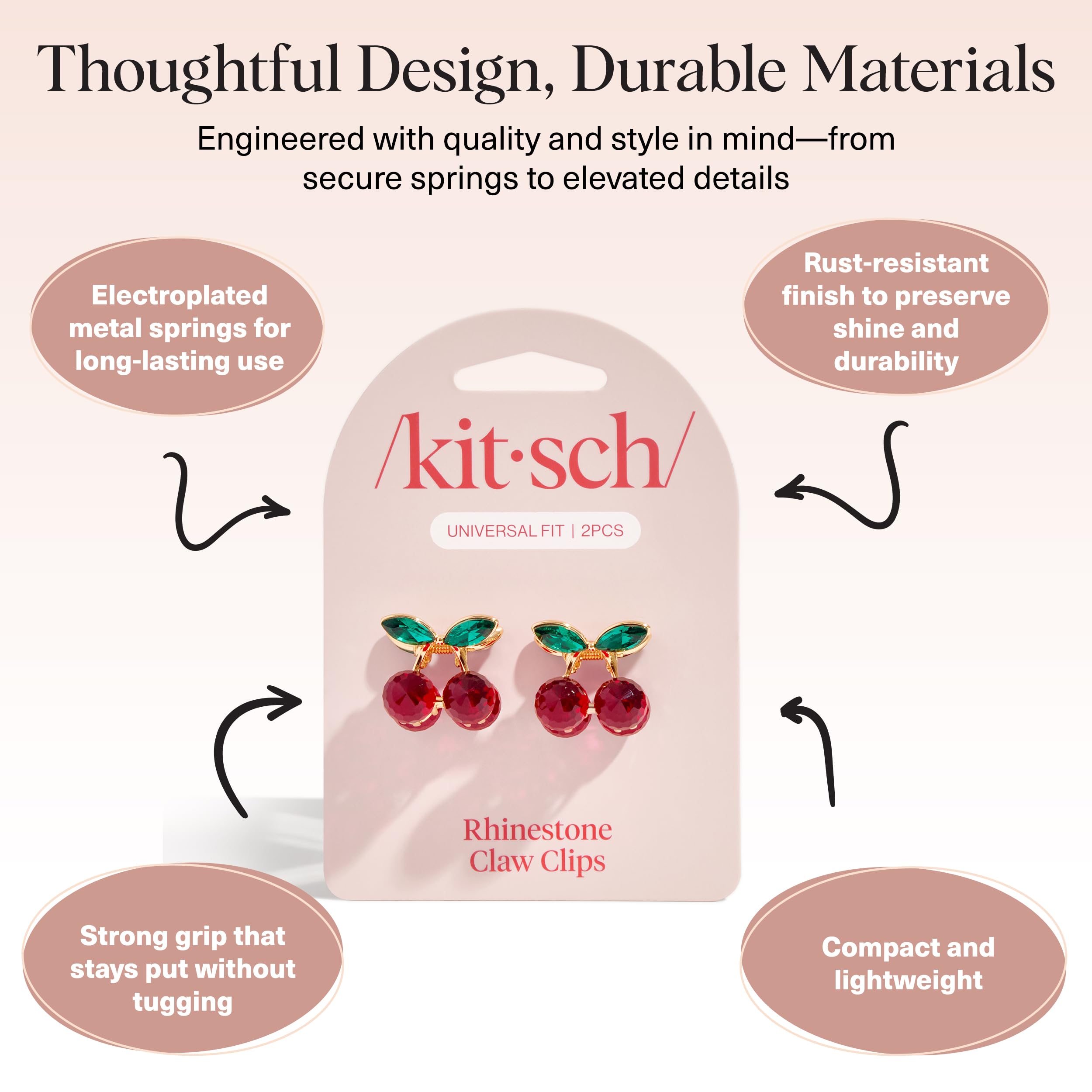 Kitsch cherry small hair clip on hair updo demonstrates strong hold with elegance.