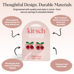 Kitsch cherry small hair clip on hair updo demonstrates strong hold with elegance.