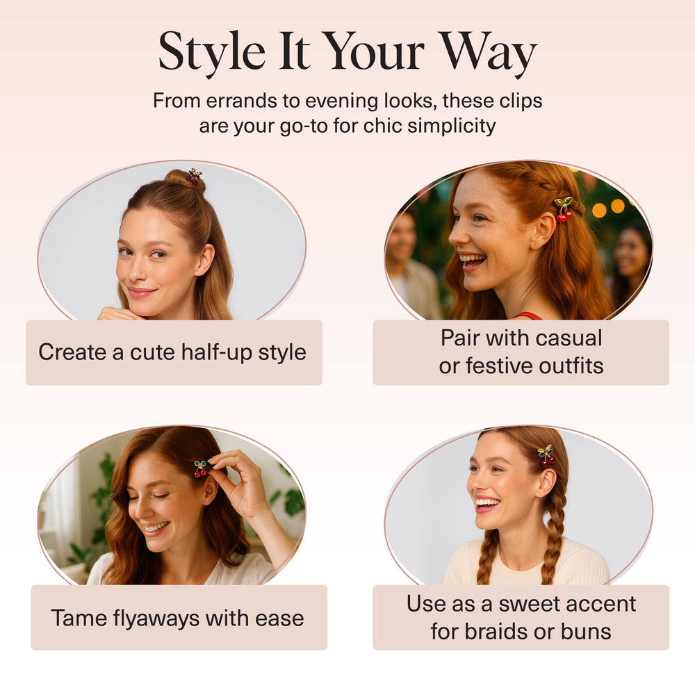 Kitsch cherry small hair clip travel-friendly size fits purses and bags.