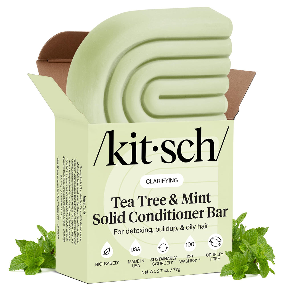 Kitsch clarifying conditioner bar packaging highlights clean ingredients for mindful hair care.