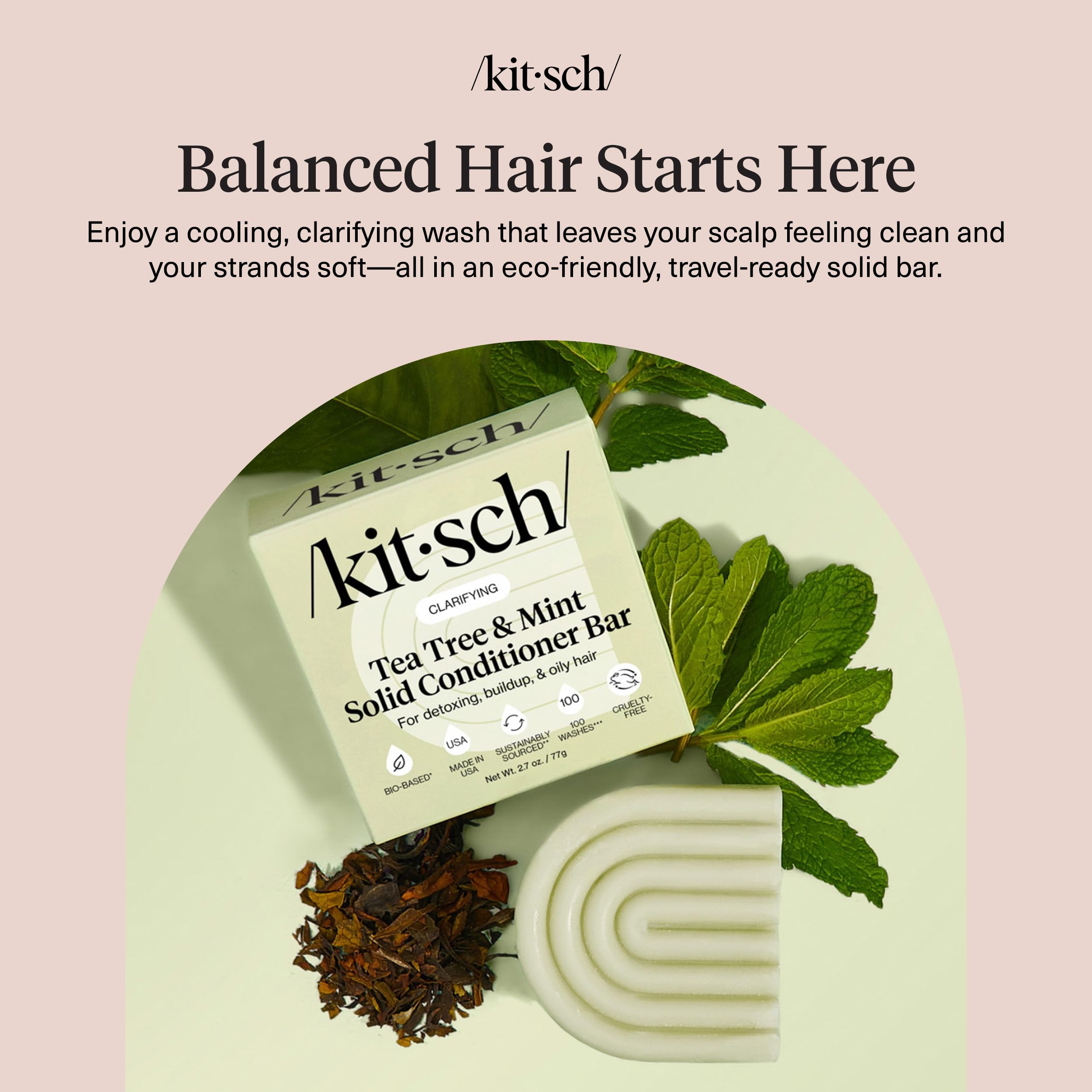 Kitsch conditioner bar on shelf with mint evokes refreshing aroma and scalp-care vibes.