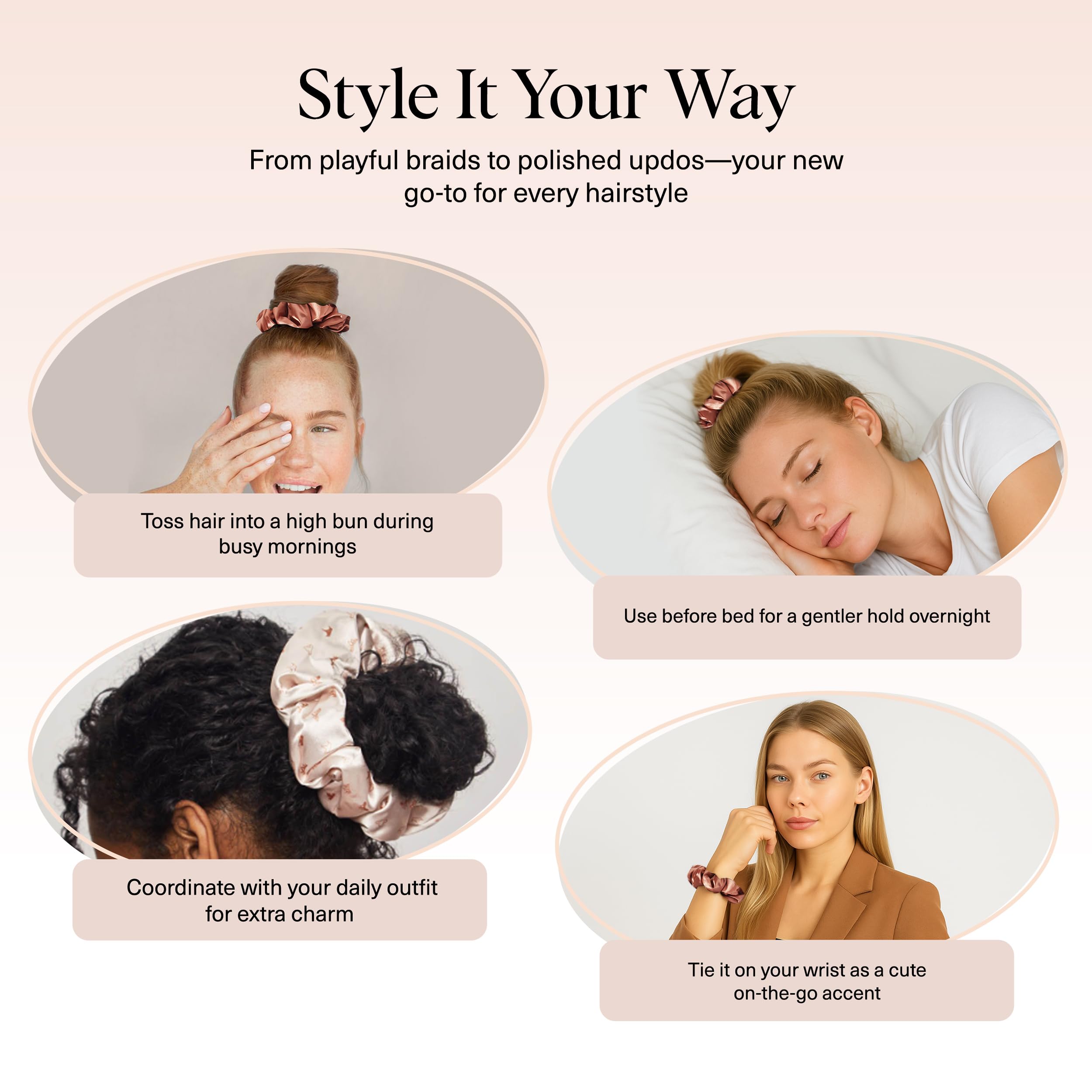 Kitsch Desert Crown satin scrunchie worn on wrist as chic accessory.