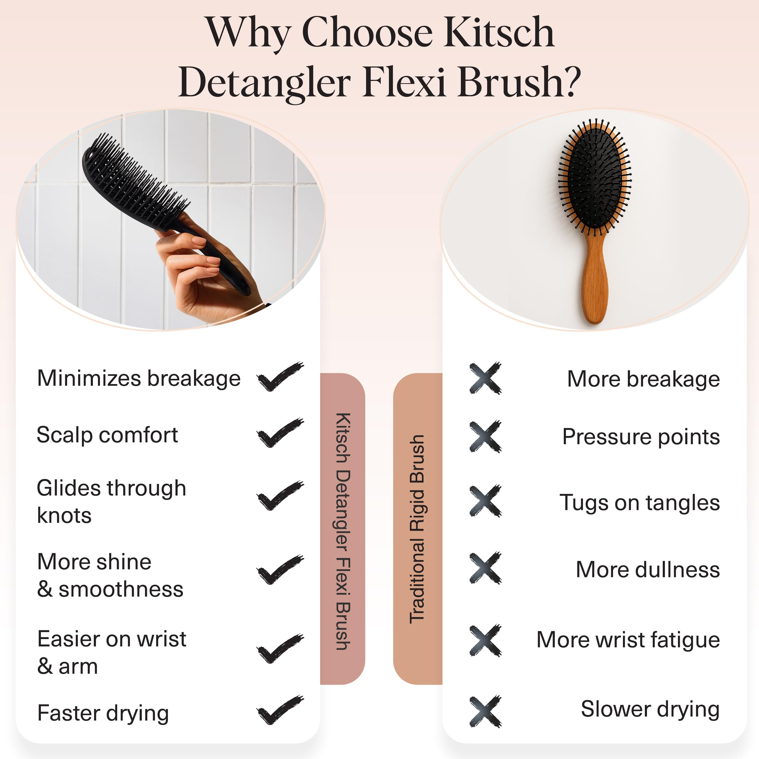 Kitsch Detangler Brush demonstrates bendable frame adapting to scalp contours for gentle detangling.