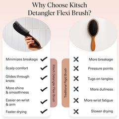 Kitsch Detangler Brush demonstrates bendable frame adapting to scalp contours for gentle detangling.
