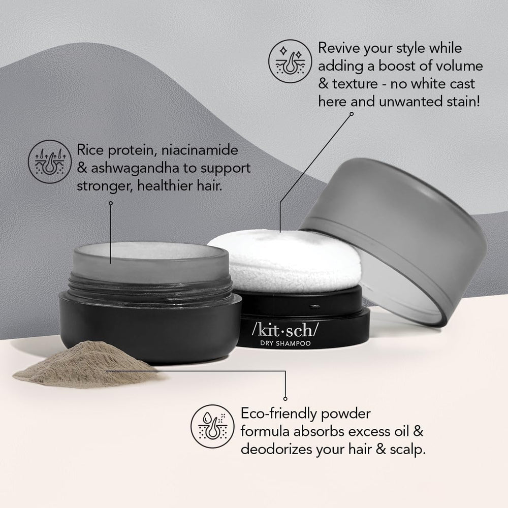 Kitsch dry shampoo powder with built-in puff for mess-free, instant lift