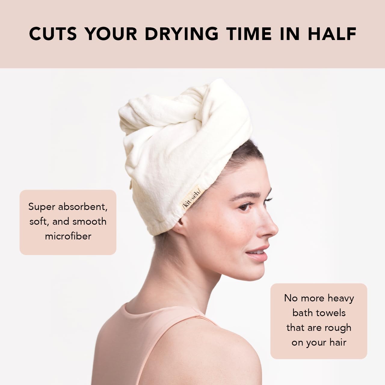 Kitsch easy-care hair towel wrap features no snag design.
