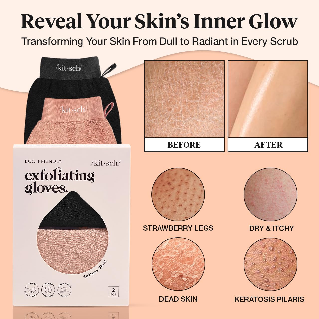 Kitsch eco-friendly materials offer reusable exfoliation with gentle skin touch.