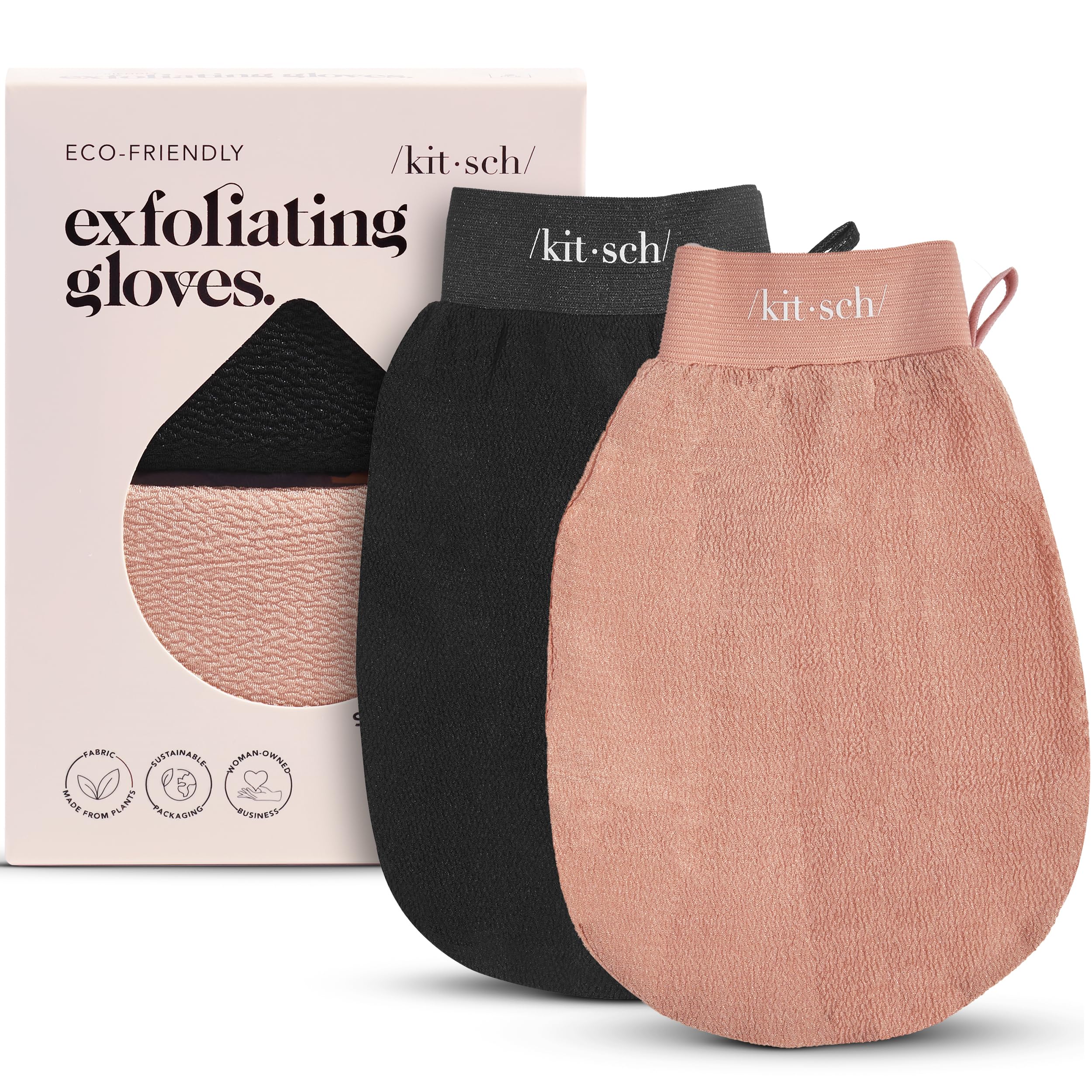 Kitsch Exfoliating Gloves pair on hand for smoother skin and improved circulation.