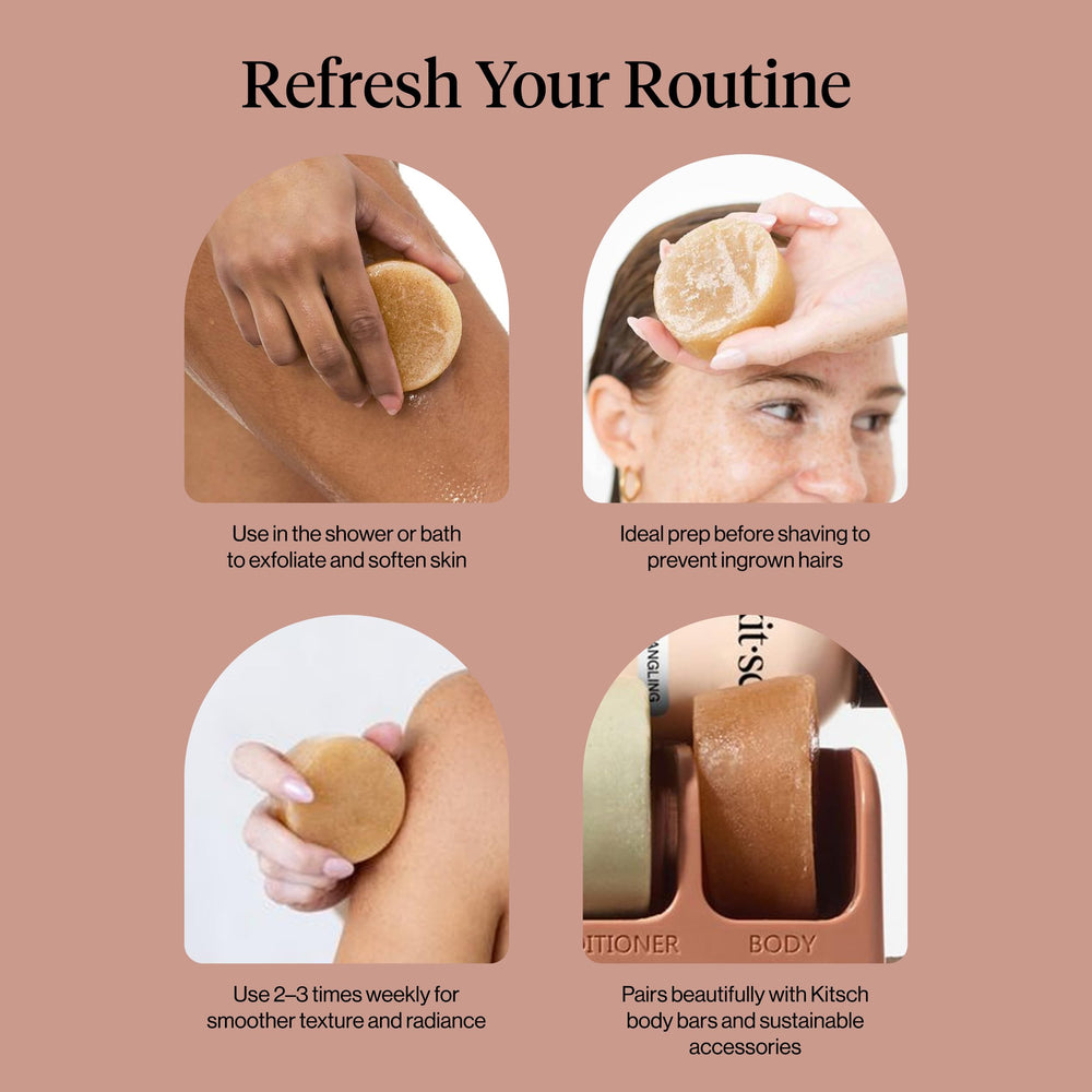 Kitsch exfoliating sugar scrub bar application on body demonstrating even spread and glow