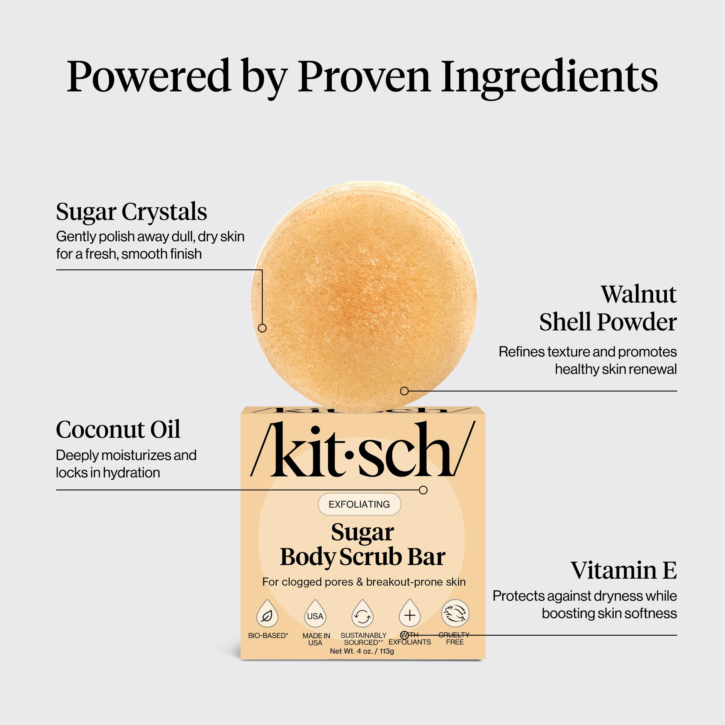 Kitsch exfoliating sugar scrub bar coconut oil texture in-hand showing hydration benefits