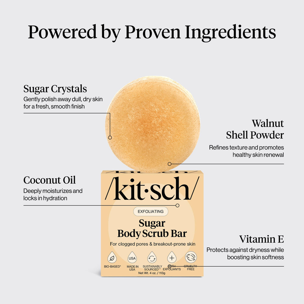 Kitsch exfoliating sugar scrub bar coconut oil texture in-hand showing hydration benefits