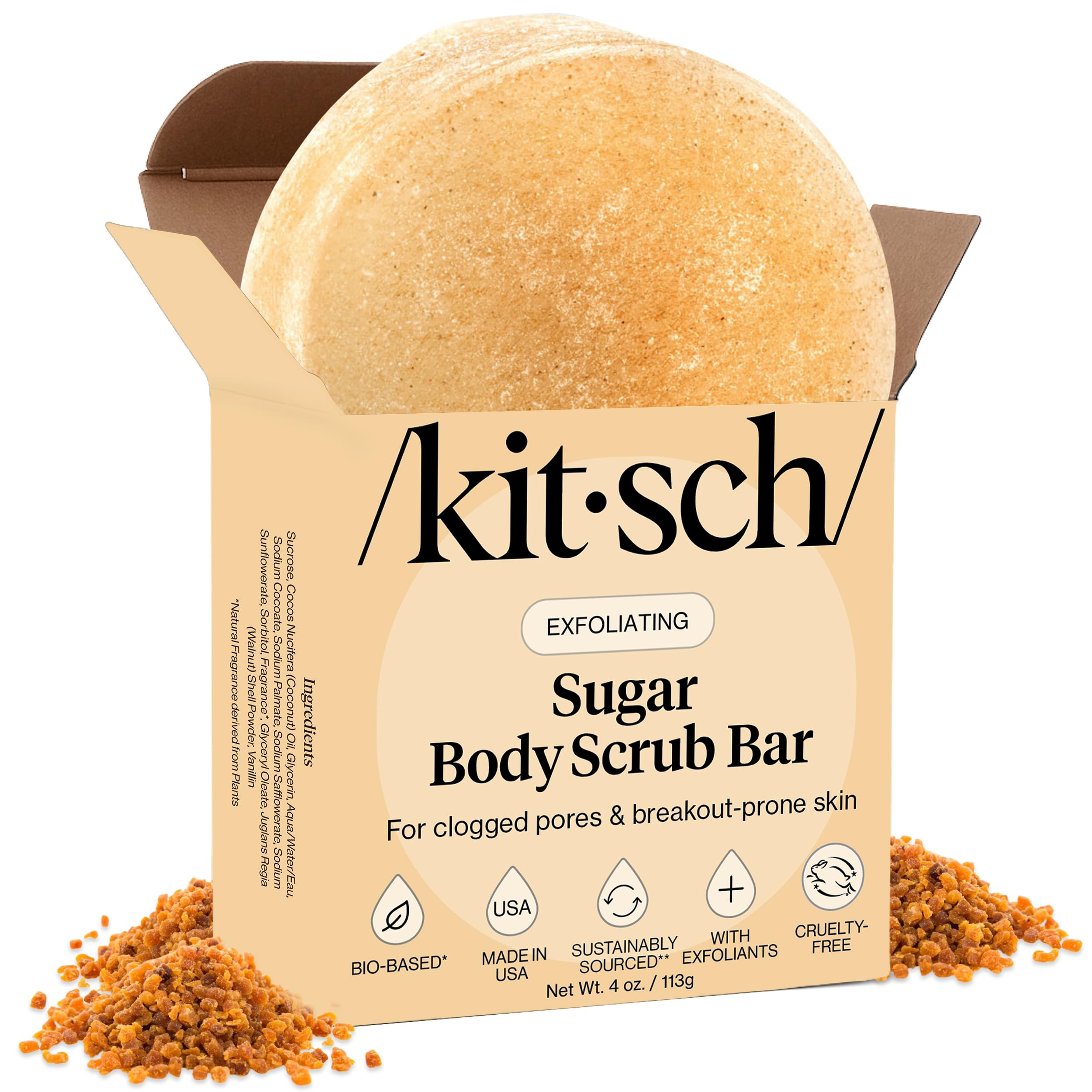 Kitsch exfoliating sugar scrub bar packaging close-up for eco-friendly beauty routine